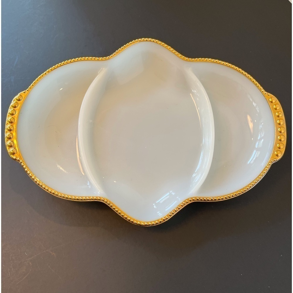 Vintage Fire King Anchor Hocking Ware Divided Dish with Gold Trim